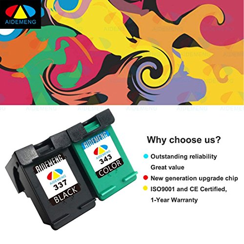 AideMeng Remanufacturado Reemplazo para HP 337 343 XL Cartuchos de tinta  1 Negro  1 tricolor  Compatiable con HP Deskjet 5940 5943 6940 6940dt 6980 6980dt 6983 Deskjet 69655 D4145 D4160 D4163 D4168 Photosmart 2570 2573 2575 A 2575 V 2575xi Photosmart 8049 8050 8050xi C4100 C4140 C4150 Photosmart C4160 C4180 C4183 C41655 C4190