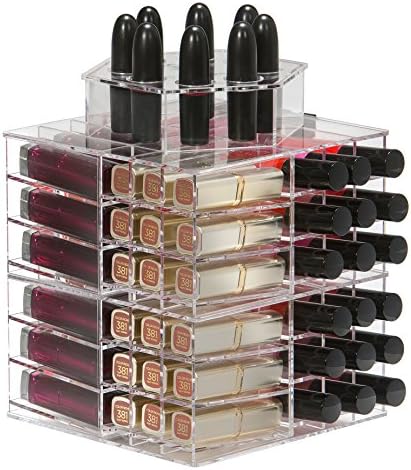 Spinning Clear Acrylic Lipstick Organiser Holder Tower | Display up to 80 Lipsticks Plus 8 Top Slots For Special Lipsticks By Organised Beauty