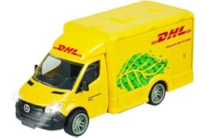 Majorette Grand 213742000 Mercedes Benz DHL 12,5 cm, światło i dźwięk, metalowy samochód dostawczy diecast, furgonetka do zabawy na świeżym powietrzu, prezent dla dzieci od 3 lat