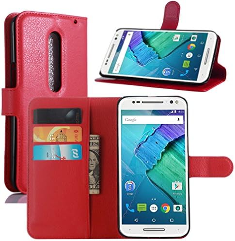 Moto X Style Case, HualuBro [Kickstand] [All Around Protection] Premium PU Leather Wallet Flip Phone Protective Case Cover with Card Slot for Motorola Moto X Style / Pure Edition 2015 5.7 Inch Smartphone (Red)