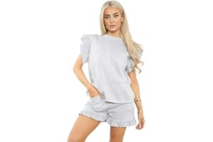 HUBIBUBI Ladies Frill Peplum Short and Top Set Stylish Comfortable Perfect Summer Co-Ord 2 Piece Longwear Tracksuit Ladies Shorts 2PCS Co ord Set Tracksuit UK