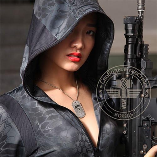 Women Long Sleeve Army Camouflage T-shirts With Hat Cool Outdoor Leisure Sportswear Running T-shirt Sport Clothing Yoga Shirts,black,S