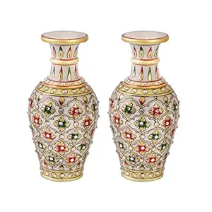 Handicrafts Paradise Marble Flower Vase with Emboss Painted Mehrab Design 6 Inch