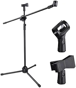 CLAPONE CLP-101 Adjustable Height Microphone Stand Dual Mic Clip 90-Degree Rotating Folding Type Boom Arm Stand