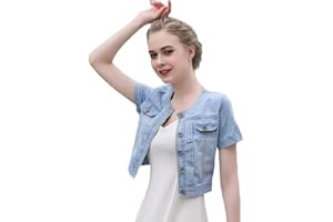TOMPPY Giacca Donna, Giacca di Jeans A Maniche Corte da Donna Cardigan Abbottonato Estivo Crop Scialle Cappotto di Jeans Elasticizzato Lavaggio Vintage Faded Jean Shrug Jacket Top per Il Vestito