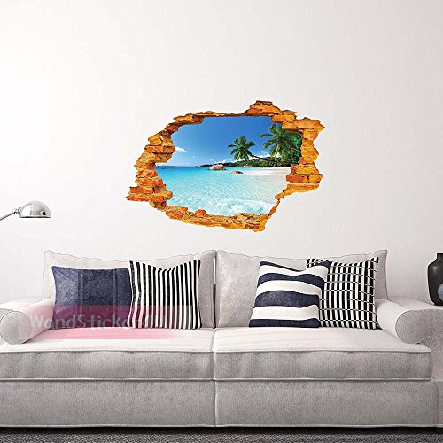 WandSticker4U- Wandtattoo in 3D Optik: Urlaubsinsel | Effektbild: 50×70 cm | Wanddurchbruch: Meer Strand Palme Insel Urlaub Meerblick Himmel Ozean Karibik Landschaft Mauer | entfernbare Wandbild Poster Wandaufkleber Wandsticker Deko für Wohnzimmer, Badezimmer, Schlafzimmer, Küche, Flur - 2