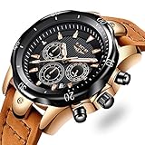 LIGE Uhren Herren Quarzwerk mit Leder Armbänder Kalender Wasserdicht Chronograph Leuchtend Funktion Militär Sportuhr Armbanduhr Männer Braun Schwarz 9865 (Schwarz)