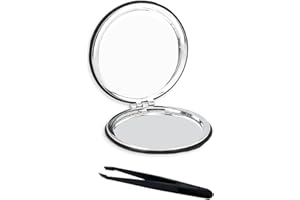 MEMOFYND 1 specchio magnetico rotondo double face con 1 pinzetta, specchio pieghevole in pelle, portatile, mini specchio tascabile per viaggi (nero)