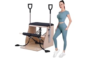 XQIDA DURABLE Asiento de Pilates de PU y Madera para Reformer, Corrector de Postura, Barril de Pilates, Silla de Pilates con Pedales y Asas divididos para Yoga, Set Multifuncional de Reformer de Pilates.
