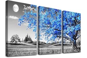 hyidecorart Quadri Moderni Soggiorno, Quadro Natura Albero Blu Stampe Quadro Su Tela, Luna Piena Notte Decorazioni Camera Da Letto Bagno Cucina Ufficio Sala Da Pranzo Bar (30x40cm-3 pezzi)