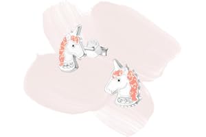 Laimons Orecchini da bambina a forma di unicorno, 11 x 8 mm, con glitter in argento Sterling 925