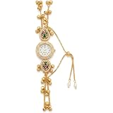 Gold-Plated Kashmiri Bracelet Watch with Kundan Embellishments, Ghungroo Charms and Pearl Accents: 