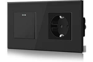 BSEED Interruptor de Luz Con Enchufe EU 16 A,1 Gang 2 Vía Interruptor de Pared Vidrio Panel Negro