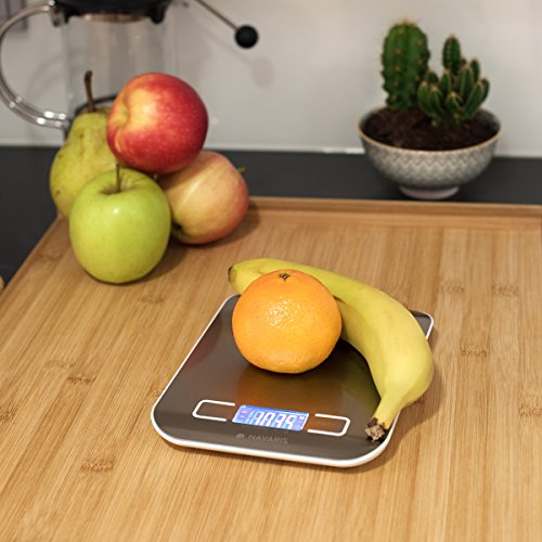 Navaris Digitale Küchenwaage / Genaues Wiegen bis zu 5kg / elektronische Präzisionswaage mit LCD-Display Anzeige / für Küche und Haushalt / mit Tara-Funktion / Inkl. Batterie / in Silber - 7