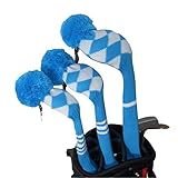  Vintage Blue/white Argyle Style Golf Pom Pom Headcovers Set of 3 for Driver Wood(460cc),fairway Wood, and Hybrid with Number Tag #1#3#5, , Good Looking, Washable, Anti-wrinkle Anti-pilling, Soft Acrylic Yarn Knitted