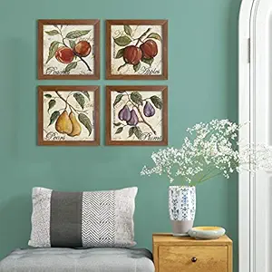 Painting Mantra - Fruits Set of 4 Brown Framed Painting,UV Textured Art Prints (9 x 9 inch)