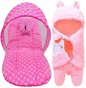 First Kick New Born Pack of Baby Bedding with Mosquito Net with Center Zip Cum Baby Bed Set Matress with Pillow and Baby Sleeping Bag for Baby Boy and Baby Girl (1-4 Months) Pack of 2