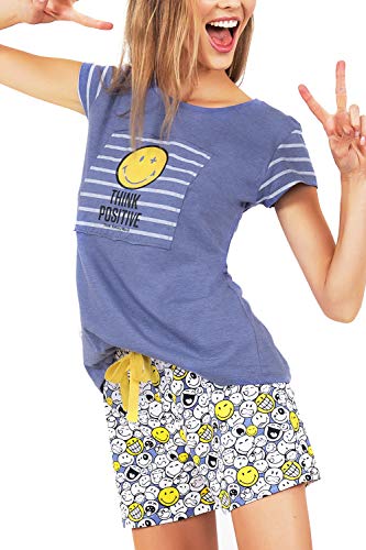 Pijama Manga Corta Mujer Smiley World, Color Azul, Talla M