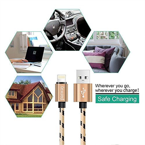 Pasway Lightning Kabel Nylon geflochten, 3 Pack (3FT, 6FT, 10FT), Lightning Durable Nylon geflochten extra lange Schnelle Ladekabel 2.0 A Micro USB Cord für iPhone 7/7 Plus / iPhone 6S / 6S Plus / 5 / 5s / 4 / SE IPad iPod (Gold) - 3