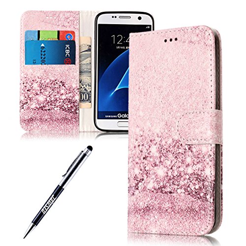 Case Samsung Galaxy S7, Cover Samsung Galaxy S7, JAWSEU Samsung Galaxy S7 G930 Phone Case Luxury Marble Design Premium PU Leather Flip Cover for Samsung Galaxy S7 Protector Bumper Skin with Soft Silicone Case Credit ID Card Slots Magnetic Closure Kickstand Strap Smartphone Shell Wallet Pouch Protective Case for Samsung Galaxy S7 + Stylus Pen - Rose Gold Marble