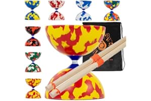 Juggle Dream Jester Diabolo Set with Wood Sticks - Pro Medium Rubber Diablo Set With Wooden Handsticks and Cascade Carry Bag (Red and Yellow)