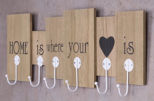 Wandgarderobe aus Holz mit 6 Haken in braun mit Schriftzug – Home is where your heart is – 60x21x5 – Wanddekoration Dekoration Garderobe Wandhaken Wanddeko - 2