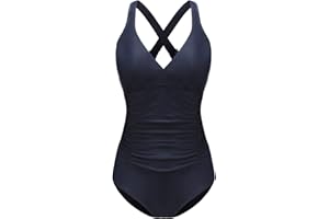 F FLYRONG Women's Swimming Costume Ruched Tummy Control Swimwear V Neck One Piece Cross Strap Swimsuit, UK 12-14, Black