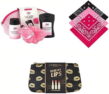 Ideal Xmas Gift Hamper set for Ladies Mum &amp; Daughter Christmas Present (Women) 10 Pieces gift set Incl Ladies Designer White Pink patterned wash bag,L'oreal Lipsticks.etc,Buckingham Bandanas