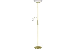 ‎LIGHTLING lightling Deckenfluter Stehleuchte Klaus mit LED Leselampe | messing matt Metall | exkl. 2 x E27 (max. 18W) | beweglicher Lesearm 1 x E14 (max. 10W) | Höhe: 180 cm, Durchmesser: 34 cm