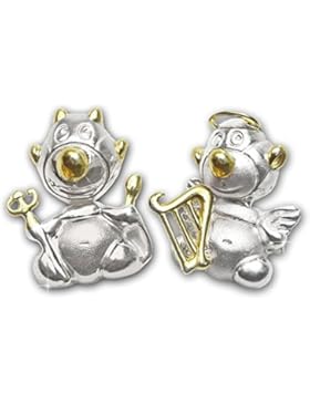 CLEVER SCHMUCK 2 Silberne Partneranhänger geteilt jeweils mit Engel und Teufel bicolor seidenmatt und glänzend...