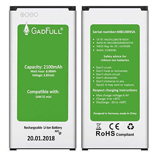 GadFull® Akku für Samsung Galaxy S5 mini | 2018 Baujahr | Entspricht dem original EB-BG800BBE Lithium-Ionen-Akku der Modelle SM-G800F | Duos SM-800H| Ersatz Handy-Akku für Ihr Smartphone | Perfekt als Ersatz-Akku reviews GadFull® Akku für Samsung Galaxy S5 mini | 2018 Baujahr | Entspricht dem original EB-BG800BBE Lithium-Ionen-Akku der Modelle SM-G800F | Duos SM-800H| Ersatz Handy-Akku für Ihr Smartphone | Perfekt als Ersatz-Akku