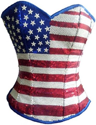 CorsetsNmore USA Flag Blue Satin Handmade Sequins Burlesque Costume Basque Overbust Corset