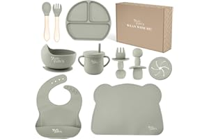 YUM YUM'S Bpa Free Silicone Feeding set presented by Yum Yum’s - Suction bowl - Baby weaning set - Wooden spoon and fork - Cup - Divided plate - Easy to clean - Adjustable bib - For babies and Toddlers
