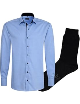 ETERNA Herrenhemd Modern Fit, blau, fein Oxford + 1 Paar hochwertige Socken, Bundle