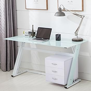 Mecor Large Computer Desk Pc Table Glass Top Side Drawer Study