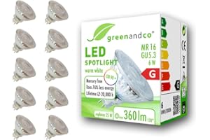 greenandco 10x Ampoule LED MR16 GU5.3 | CRI 90+ | 6W 360 lm | 3000K blanc chaud | 110° | 12V AC/DC | non dimmable