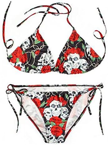 Luckystaryuan ® Women Print Bandage Halter Bikini Set Bathing Spa Swimwear Suit (Rose Skull)