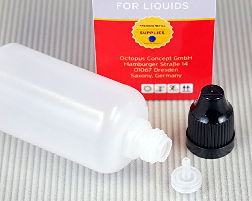 5 x 50 ml Octopus Tropfflaschen, zur Dosierung von Flüssigkeiten, E-Liquids, Augentropfen, leere LDPE Kunststoffflaschen transparent, Tropferflaschen mit schwarzen Tropfverschlüssen, mit Kindersicherung, inkl. 5 Beschriftungsetiketten - 2
