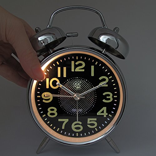 JCC 4 Zoll Retro lautlos Doppelglockenwecker kein Ticken Glockenwecker Analog Quarz wecker mit Snooze, Nachtlicht und lauter Alarm – batteriebetrieben (schwarz) - 3