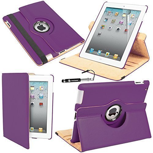 MadCase Apple iPad 4 (mit retina display) Stilisch Muster PU Leder Rotierend Smart Ständer Schutzhülle - kompatible mit iPad 2 und iPad 3 einschließlich Displayschutzfolie & Eingabestift - Glatt Schlicht - Lila