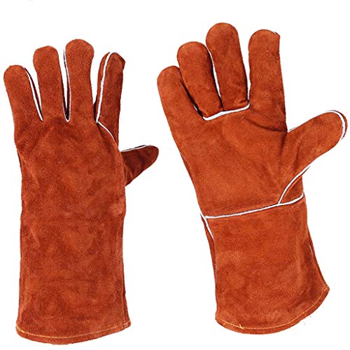 détail Gants de soudage Gants de cuisson en cuir refendu résistant à la chaleur pour barbecue, camping et cuisine Gants de cuisson Support de cheminée de soudeur