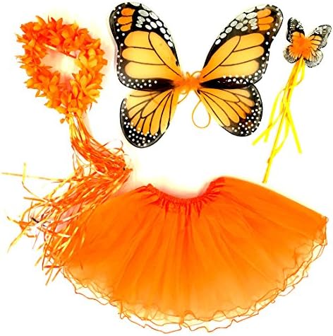 Tante Tina - Butterfly/Fairy Costume for Girls - 4 Piece Set with Wings, Wand, Tiara, and Skirt - Rainbow with headband