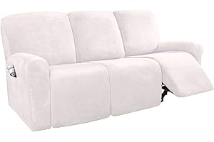 LINGKY 8-Pieces Recliner Sofa Covers Velvet Stretch Armchair Covers With Side Pocket Thick Soft Washable Sofa Covers 3 Seater Replacement Furniture Protector (Sofa, Ivory)