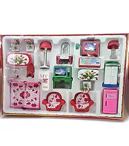 BVM GROUP 20Pcs Sweet Home Kids Doll House ,Bed ,Bed Room Light ,Sofa,Wardrobe,Computer,Refrigerator,Dinning Table 4 Chair,Television,Dressing Table, Lump,Study Table -Set of 20