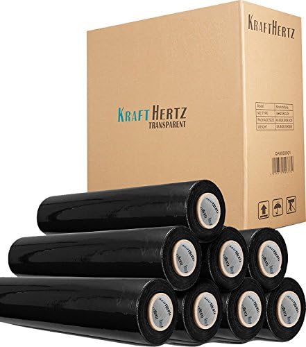 KRAFTHERTZ® stretch film premium quality rolls, 12 variants, 2 colours black and transparent, 2 lengths 200m, 300m, 3 thicknesses 17my 20my 23my Super Plus., black