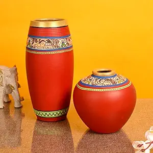 Aakriti Art Creations Earthan Madhubani Handpainted Red Miniature Vases & Pot for Decoration Item (Set of 2)