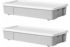 KYY'Z - 47L Wheeled Underbed Storage Boxes with Secure Clip Lids Plastic Storage Containers on Wheels Ideal for Clothes Toys Bedding Organiser Stackable Home Bedroom Storage Solution (2x Grey)