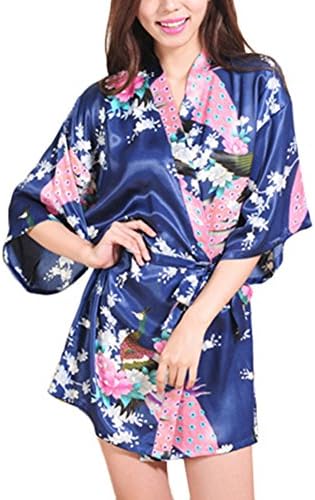 Waymoda Women Luxury Silky Satin Evening Dressing Gown, Ladies Peacock and Blossoms Pattern Kimono Pajamas, 10+ Color, 4 Sizes Optional - Short style