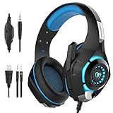 Auriculares Cascos Gaming de Diadema Estéreo con Micrófono - Sonido envolvente, auriculares de reducción de ruido 3.5MM Jack para PS4, PC ,Smartphone, computadoras (Negro+Azul)