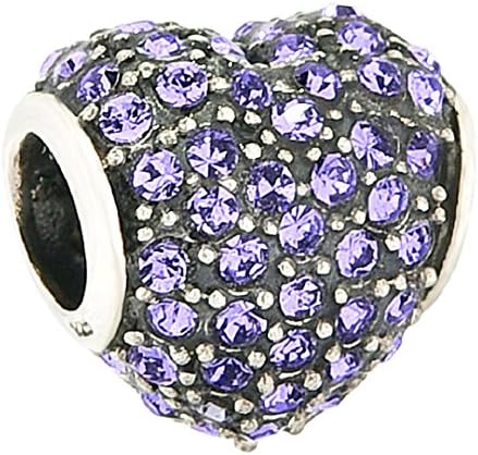 Christmas Gifts Shining Cubic Zirconia Love Heart 925 Sterling Silver Charms Beads for Snake Chain Bracelets (Purple)